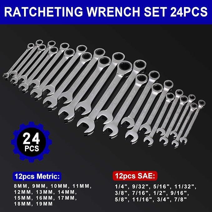 Qnkaa 24pcs Ratcheting Wrench Set Metric 8mm to 19mm& SAE 1/4" to 7/8" | Ratchet Combination Wrenches Set Wrench set Metric and Standard with Rollup Pouches