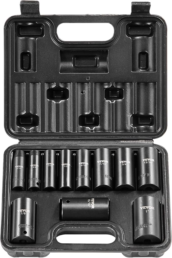 VEVOR 3/8" Drive Impact Socket Set, 11 Piece Deep Socket Set SAE 5/16"-1", 6 Point CR-V Alloy Steel for Auto Repair, Easy-to-Read Size Markings, Rugged Construction, Includes Storage Case