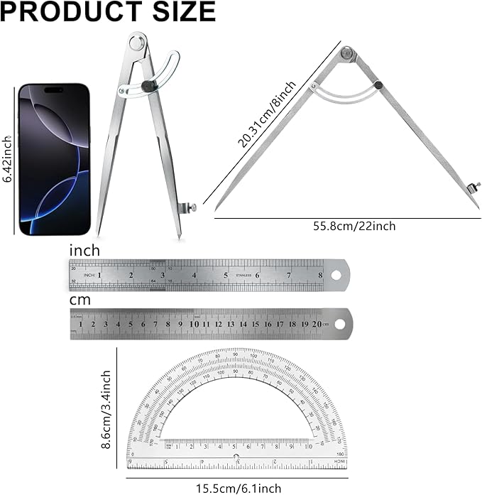 Compass Geometry Tool, Drawing Compass, Professional 8 Inch Large Compass with Wing for Woodworking, 6 Inch Protractor, 8 Inch Ruler for Carpenter, Drafting