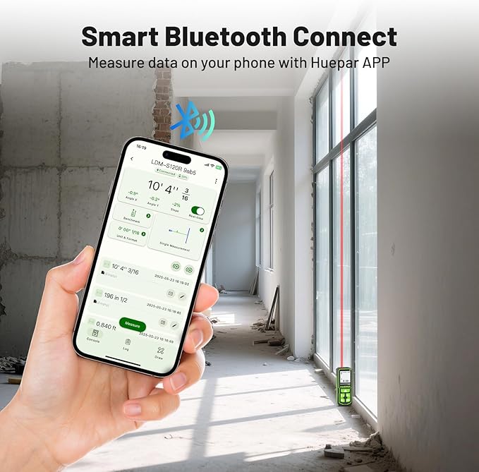 Huepar Laser Distance Measure 395Ft. Digital Rechargeable Laser Measuring Tool with Bluetooth -Phone APP, 1/16in Accuracy, Angle Sensor, M/in/Ft Unit, Pythagorean Mode, Measure Distance, Area, Volume