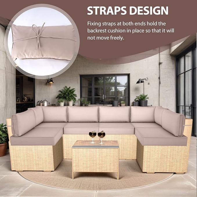 14 Piece Outdoor Furniture Replacement Cushions, Cover+Filling, 25.6" x 25.6" x 4" Foam Waterproof Outdoor Sofa Cushion Sets, Fit Wicker Rattan Sectional Conversation Set,Khaki