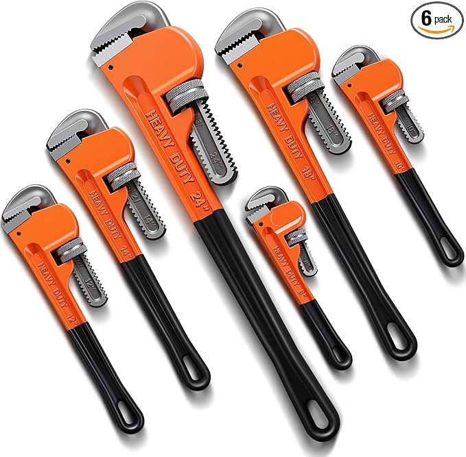 6 Piece Heavy Duty Pipe Wrench Set - 8", 10", 12", 14", 18", 24", Adjustable Chrome Vanadium Steel Plumbing Wrench Set with Soft Handle & Gloves for Plumbers, Pipeline, Auto Repair(Orange)