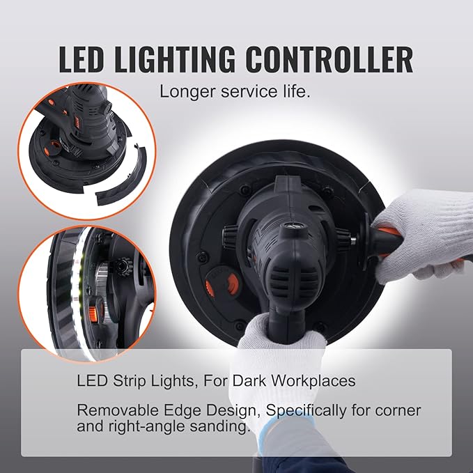 VEVOR Drywall Sander, 800W Electric Sander with 12 Sanding Discs, Variable Speed 1200-2300 RPM Wall Sander with Automatic Vacuum Dust Collection System, Double LED Lights, Dust Bag, Detachable Edge