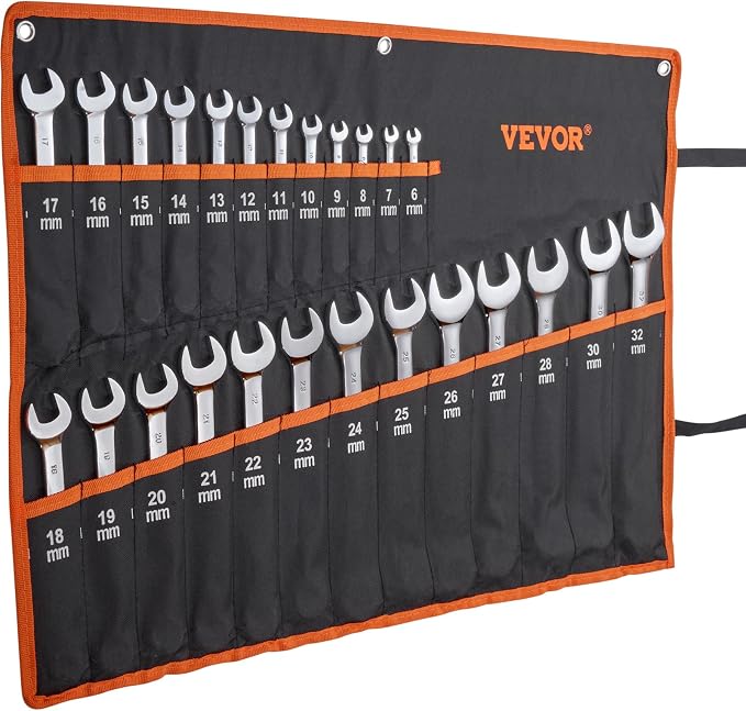 VEVOR 25-Piece Metric Combination Wrench Set, 6-32mm, Open End, Carbon Steel, with Roll-up Pouch, Ideal for Household, Garage, Workshop, Auto Repairs