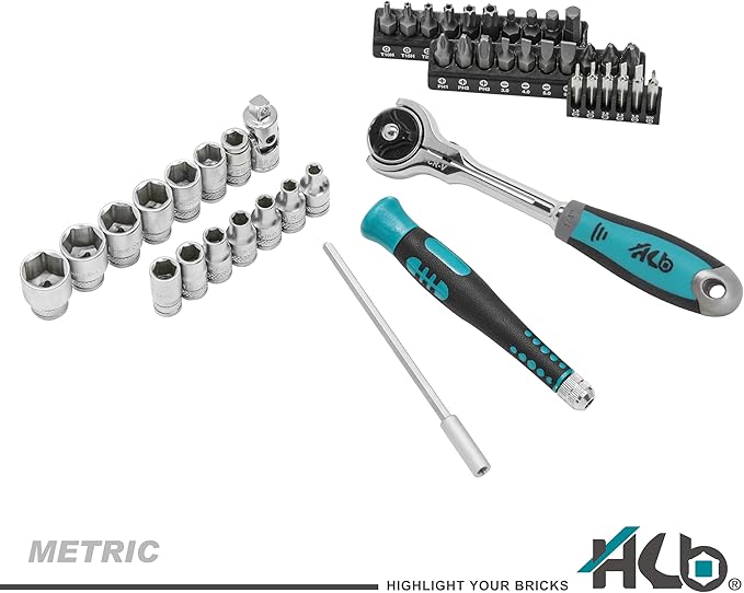 HB 90-Tooth 1/4 Inch Drive 270° Swivel Head Ratchet Handle 44 Piece Socket Set with Precision Screwdriver Torx PZ PH SL HEX Bits Chrome Vanadium Steel Portable Case Made in Taiwan AKM024-G | 90-tooth swivel ratchet, 270° flex head, 4° arc swing, stampe...