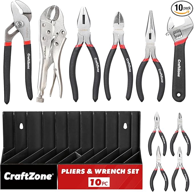 10PC Pliers and Wrench Set with Storage Rack – Includes Channel Lock | Long Needle Nose | Diagonal Cutter | Groove Joint | Linesman & Mini Plier, Carbon Steel Tool Kit for DIY and Home a Gift for Man