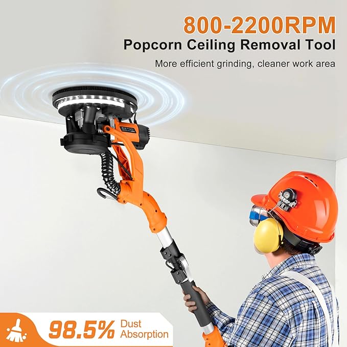 Drywall Sander, 1000W Popcorn Ceiling Removal Tool, Automatic Drywall Sander with Vacuum Dust Collection, LED Light, 6 Variable Speed 800-2200RPM, Foldable & Extendable Handle,15Pcs Sanding Discs