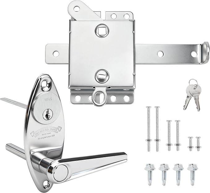 Heavy-Duty Garage Door Lock Kit, Universal L-Handle with Inside Side Latch, Copper Cylinder & Keys, Zinc Alloy Handle, Complete Hardware Set for Shed Barn Garage Doors, 3 Sizes Screws-1 Set