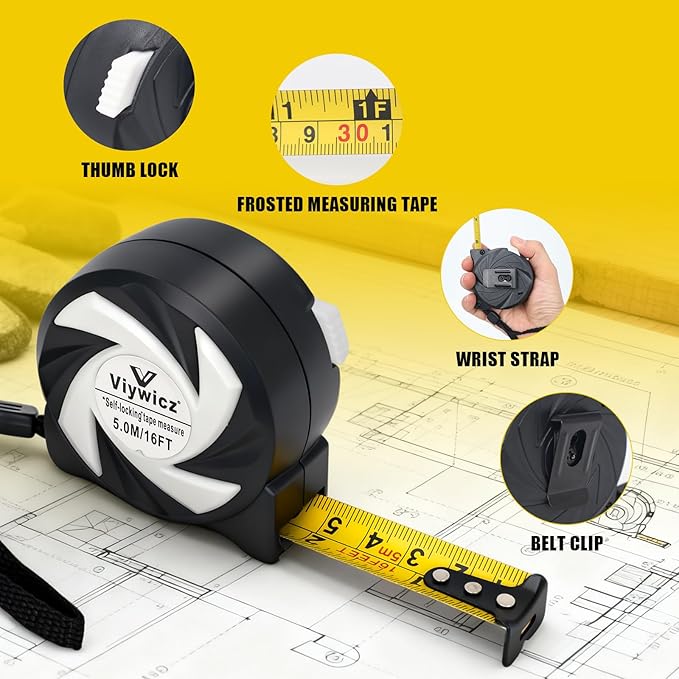 Tape Measure with Auto-Lock, 16FT/5M Professional Measuring Tape & Painters Tape, Metric Measuring with Durable Matte Blade, Gift for Craftsmen - Viywicz