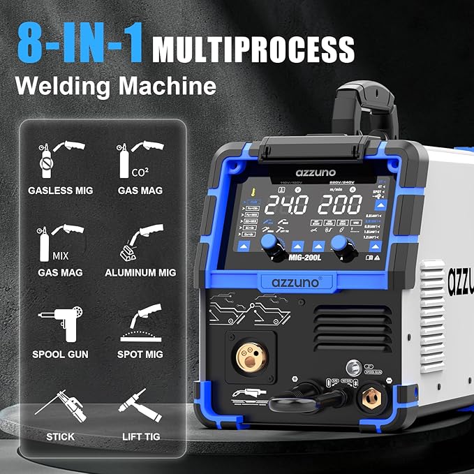 AZZUNO Aluminum MIG Welder 200A 110V/220V, 8 in 1 Multi-process Welder Machine Aluminum MIG/Gas MAG/Gasless Flux Core MIG/Gas MIG/Spot MIG/Spool Gun Compatible/Lift TIG/Stick Welding