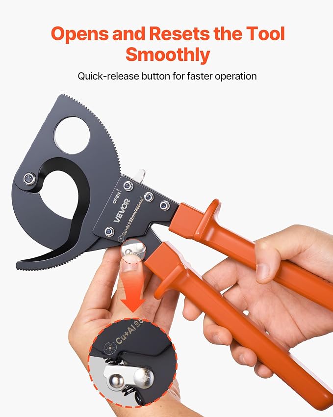 VEVOR Ratcheting Cable Cutter, Spring Steel Blades with PVC-Coated Handles, Quick-Release Button, Heavy Duty Ratchet Cable Wire Cutter for Cutting Copper & Aluminum Cables Up to 800 MCM / 400 mm²