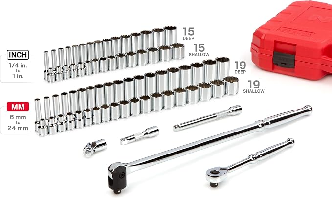TEKTON 3/8 Inch Drive 12-Point Socket and Ratchet Set, 73-Piece | SKT15312 | (1/4 - 1 in., 6 - 24 mm), Shallow and Deep, Case
