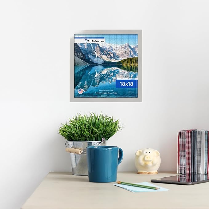 ArtToFrames Puzzle Frame for Buffalo Games 300 Piece Jigsaw Puzzles, 18x18 Inch (46x46 cm), Antique White Engineered Wood with Economy Acrylic, Ready to Hang Puzzle Display
