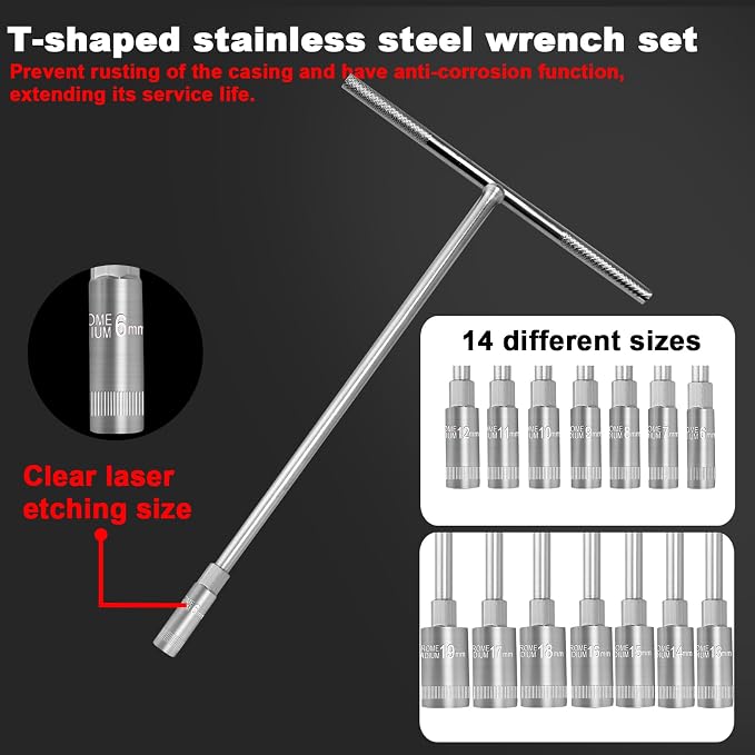 T-Handle Socket Wrench Set, 14PCS Metric，Vanadium Steel | 6, 7, 8, 9, 10, 11, 12, 13, 14, (15-19mm), 6-Point Hex Socket, Chrome Vanadium Steel, For Motorcycle Car Bicycle Repair