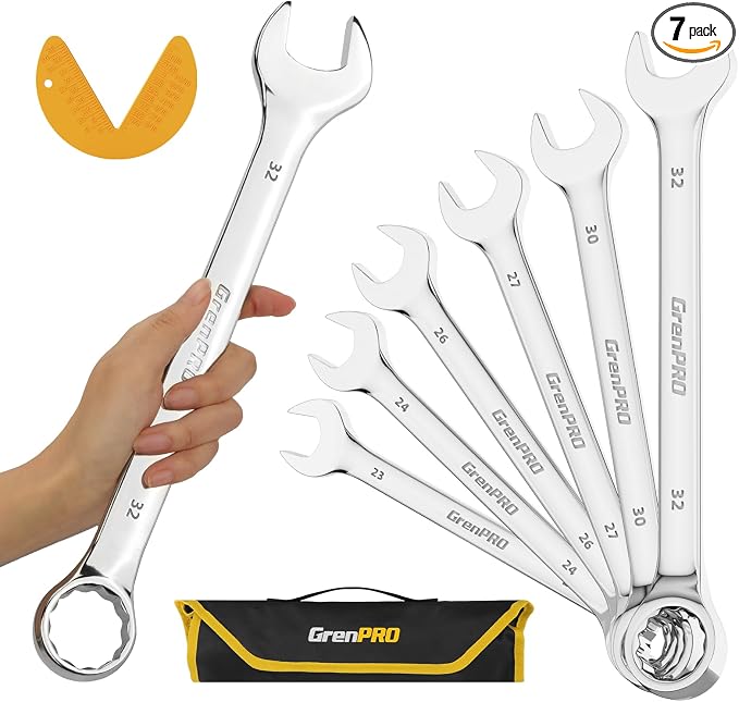 GRENPRO 7PC Metric Large Wrench Set, 23-32MM Combination Open End Wrenches | Includes 23mm 24mm 26mm 27mm 30mm 32mm Long Wrenches Sets, 15° Offset 12-Point Box End, Roll-Up Pouch & Gauge, CR-V Steel