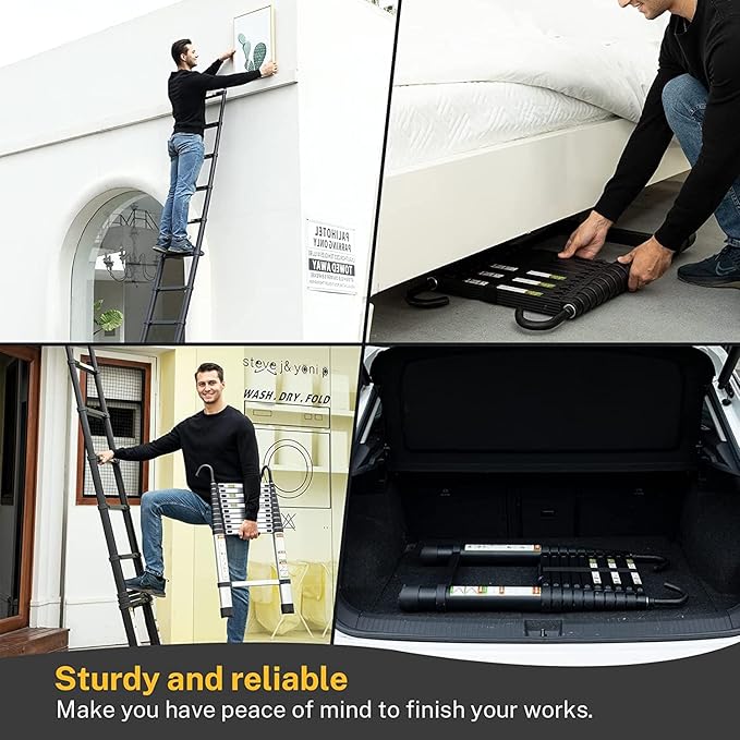RIKADE Telescopic Ladder, 6.5 ft Aluminum Telescoping Ladder with Non-Slip Feet and Stable Hook, Portable Extension Ladder for Household and Outdoor Working, Max Load 330 lb, Black