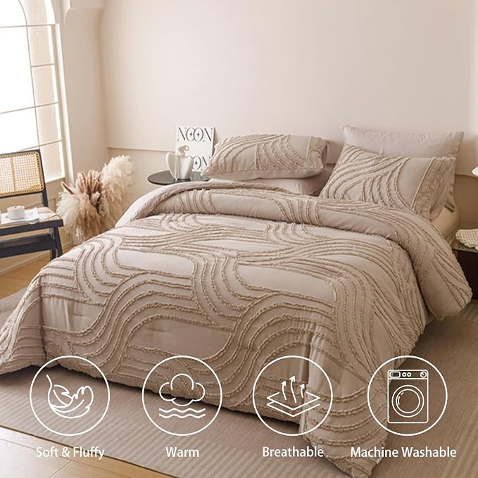 Nttopship Khaki Full Comforter Set - 7 Pieces Bed in a Bag, Premium Comforters Full Size Bed Set Tufted Shabby Chic Bedding Comforter Set with Flat Sheet, Fitted Sheet and Pillowcases,Khaki