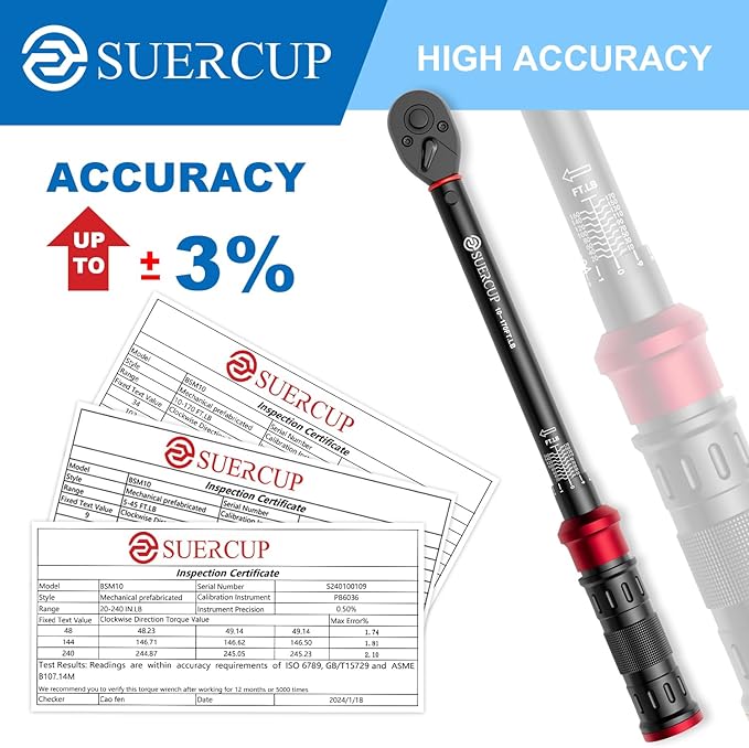 SUERCUP 1/4 3/8 1/2-inch Drive Torque Wrench - 3Pcs Torque Wrench Set 20-240in.lb, 5-45ft.lb, 10-170ft.lb, Dual-Direction Adjustable 72 Tooth Click Torque Wrench for Bicycle, Moto and Car Maintenance
