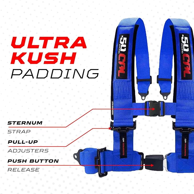 1pc 50 Cal Blue 4 Point Harness 2in Straps, Racing Harness Seat Belt | Ultra Kush padding, Push Button quick release hardware. Universal Fit for UTV, RZR, race car.
