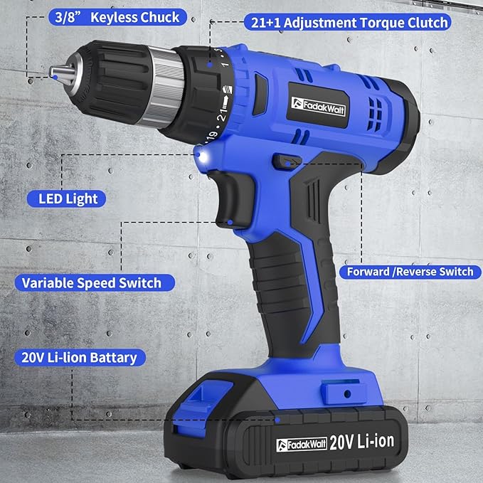 FADAKWALT 20V Electric Drill Set with Battery and Charger, 30N Torque, 21+1 Settings, 3/8-Inch Keyless Chuck, LED Electric Drill Set (Blue)