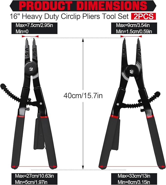 Snap Ring Pliers Set Heavy Duty - 2 PCS Large Heavy Duty Snap Ring Circlip Pliers ，16" Internal External Circlip Pliers Set with 45° 90° Tips