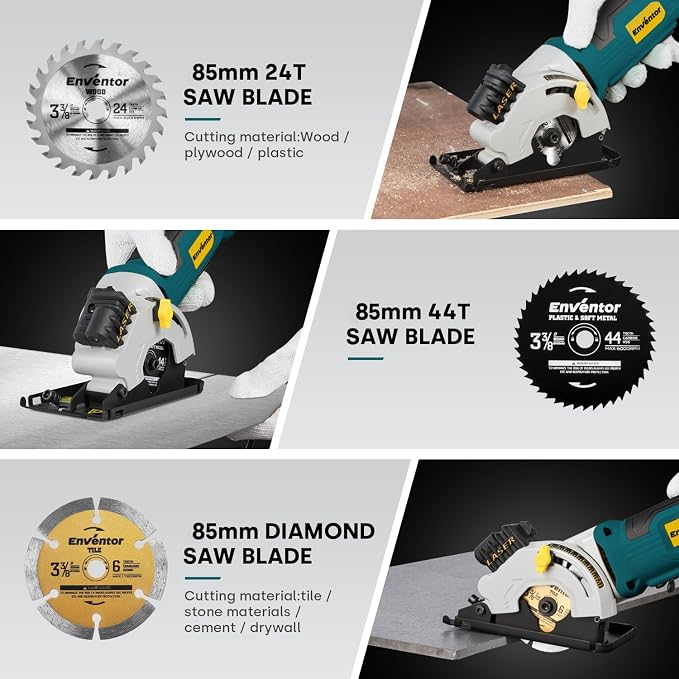 Enventor 4.8A Mini Circular Saw Corded with Laser Guide, 3 Saw Blades | 3-3/8" Power Electric Circular Saw Compact for Wood, Soft Metal, Tile, Plastic, Max Cutting Depth 1-1/16"