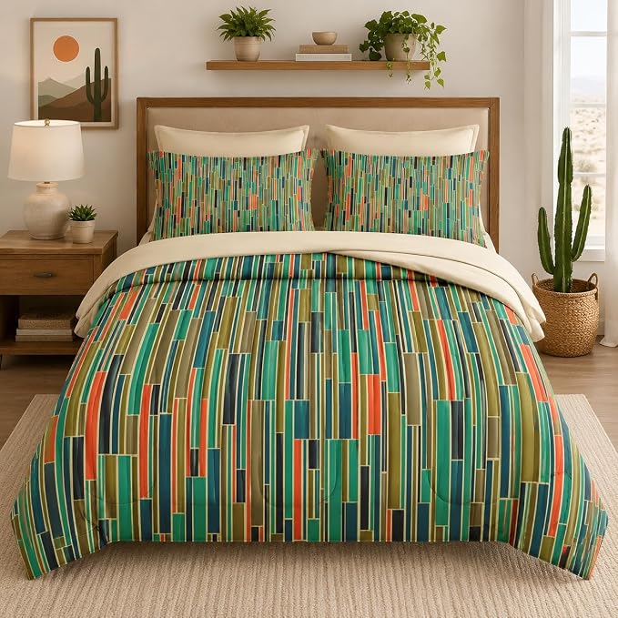 Nesker Comforter Set Queen Size, Mid Century Geometric Retro 7 Pcs Bedding for Kids and Adults, Stripe 50S Vintage Bed Sheet Sets with Fitted Sheet 2 Pillowcases & 2 Shams