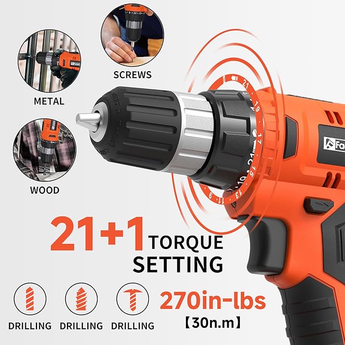 FADAKWALT 20V Electric Power Drill Set, Torque 30N, 21+1 Torque Setting, 3/8-Inch Keyless Chuck, LED Electric Drill Kit, Orange