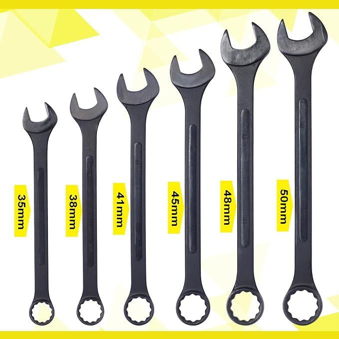 6PC Jumbo Combination Wrench Set, Metric, 35, 38, 41, 45, 48, 50mm | Extra Large Metric Wrenches for large fasteners on trucks, tractors, equipment, construction vehicles, and machinery