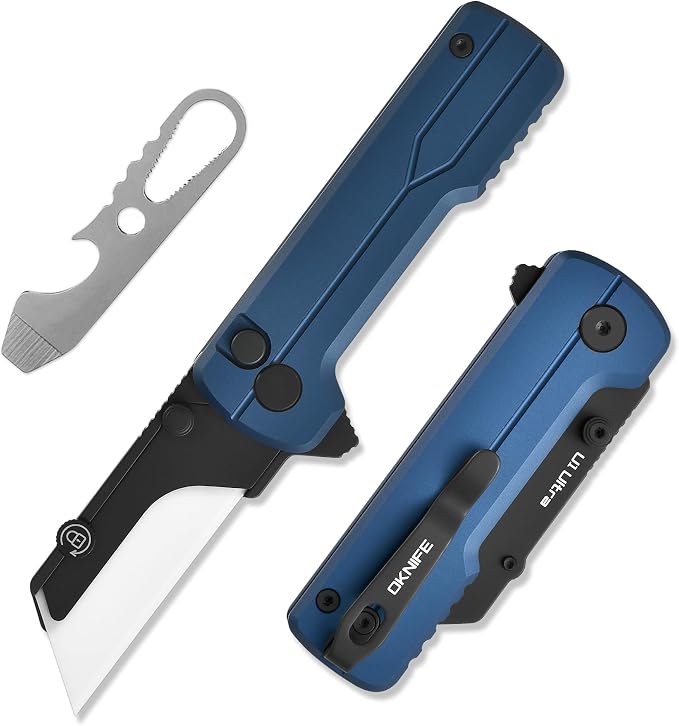 OKNIFE U1 Ultra Pocket Folding Utility Knife with Ceramic Blade, Lightweight O-Aluminum Handle Box Cutter with Clip, Button Lock Pocket Knife for Men Women (Navy Blue)