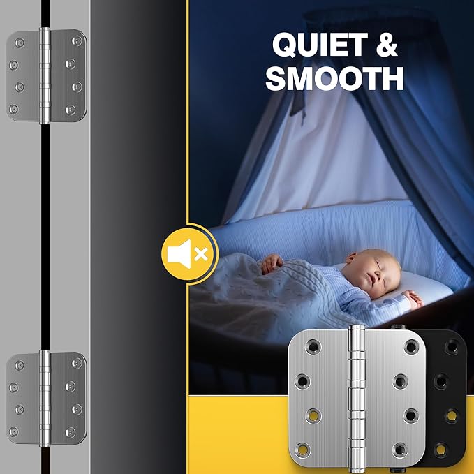 KOLET Ball Bearing Door Hinges, 4 x 4 Inches Door Hinges, 5/8'' Radius Corner Hinges, Heavy Duty Stainless Steel, Smooth and Quiet, Non Removable Pin, Brushed Nickel, 6 Pack