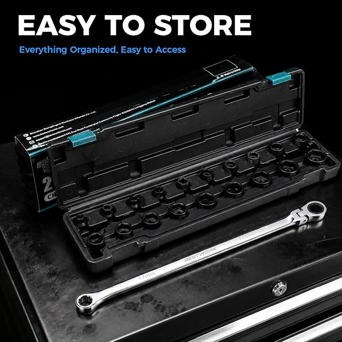 16.5" Long Flex Head Nano Ratchet Wrench & 19 Pcs 3/8" Nano Impact Sockets | Dual-Head Design, Laser-Etched Markings, 6-24mm, Metric, for Automotive, Bicycle & Industrial Use, Storage Case