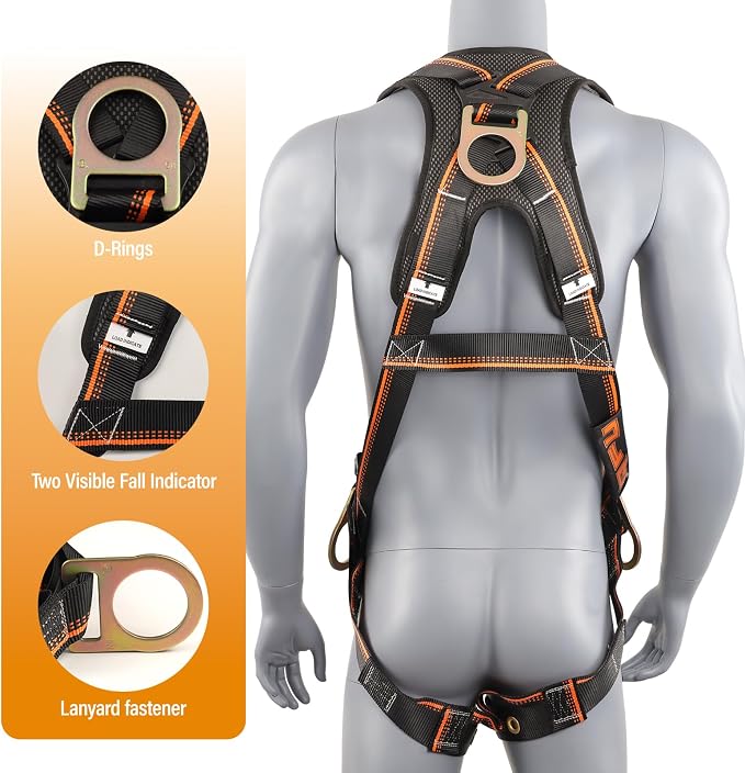 Full Body Safety Harness & Fall Protection Kit with Padded Straps, ANSI Compliant, Includes Shock-Absorbing Lanyard for Roofing, Construction and Industrial Use