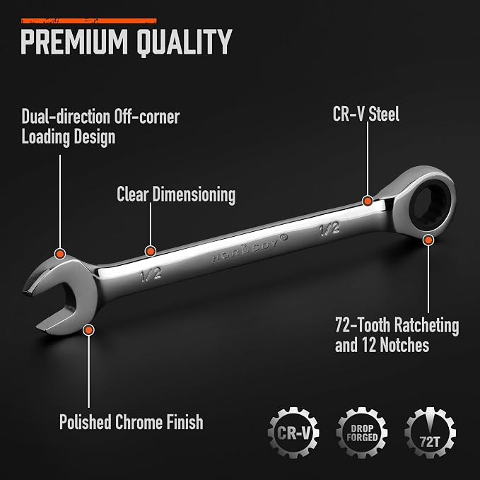 HORUSDY 26-Piece Ratcheting Wrench Set | Metric and SAE (6-19 mm & 1/4” to 3/4“) | Ratchet Combination Wrenches Set with Organizer | 72-Tooth | Chrome Vanadium Steel