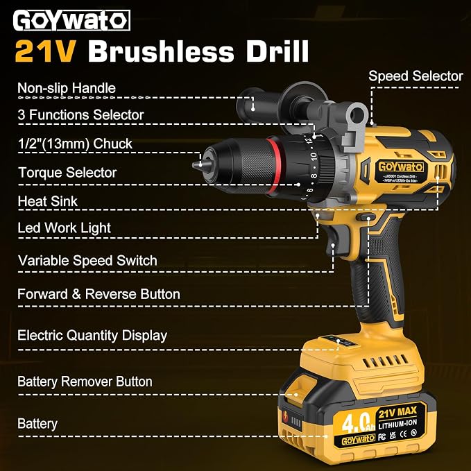 Cordless Hammer Drill 1239In·lbs - 21V Brushless Electric Power Impact Drill Set w/ 2 x 4.0Ah Battery & 1/2" Self-Locking Metal Chuck & 42PCs Accessory for Drilling Wood Bricks Metal Concrete