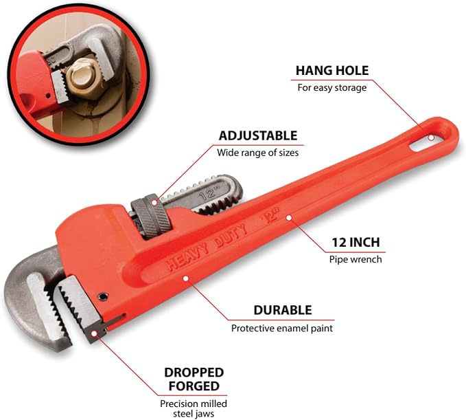 Performance Tool W1133-12B 12 in. Red Adjustable Pipe Wrench | Heavy duty plumbers monkey wrench. Drop-forged steel construction. Precision milled jaws. Protective enamel paint