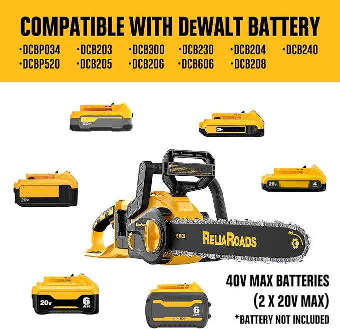 ReliaRoads 16-Inch Brushless Chainsaw, 40V (2 x 20V MAX) Cordless Battery Powered Chain Saw Kit (Includes 2 Chains) Compatible DeWALT Battery for Wood/Tree Cutting and Pruning (Battery Not Included)