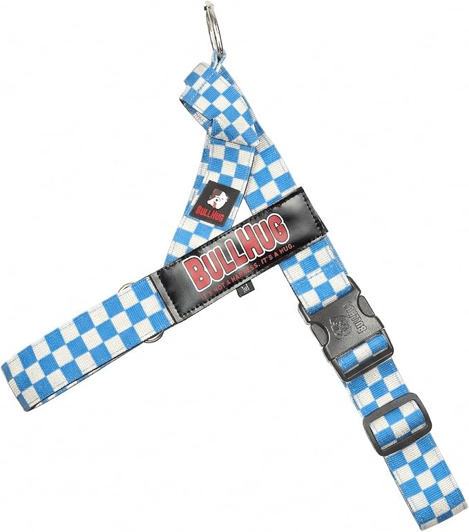 Adjustable Dog Harness– No Pull, No Choke – for English Bulldogs, French Bulldogs, Pugs & Broad-Chested Breeds – Easy, Safe Walks (Blue Checkers, Small)