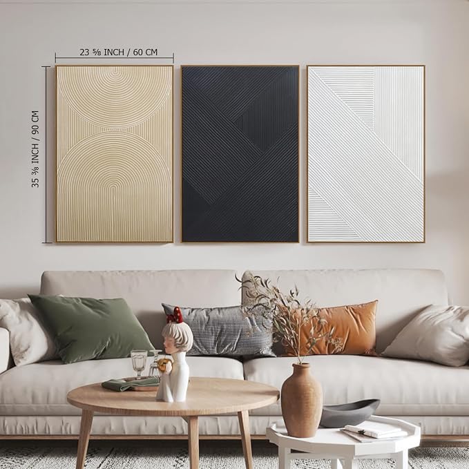 Large Boho Textured 3D Wall Art Neutral Set of 3-24"x36" Hand-Painted Abstract Framed Paintings for Living Room, Bedroom - Modern Minimalist Black White Neutral Boho Decor