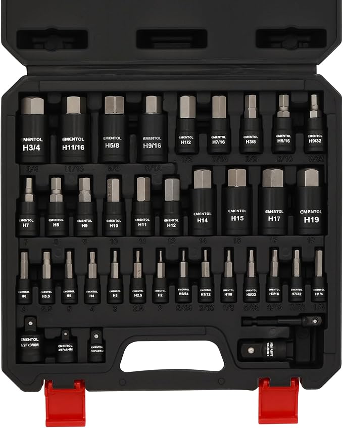 EMENTOL 38PCS 1/4" 3/8" 1/2" Drive Allen Hex Bit Socket Set, SAE/Metric, Includes Power Drill Adapter, Socket Adapters, 2mm - 19mm, 5/64" - 3/4"