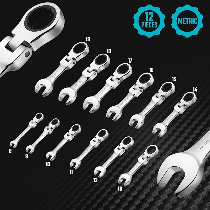 DURATECH Stubby Flex-head Ratcheting Wrench Set, Metric, 12-piece | 8mm-19mm, CR-V Steel, Corrosion Resistance, 72-Tooth, 5° swing arc, 180° Flexible, for Narrow Spaces, with Pouch