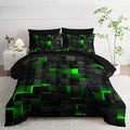 Nttopship Geometric Green Black Queen Comforter Set,Light Honeycomb Bedding Set 7 Piece in A Bag,Bed Sheet Set Geometry Decor,Microfiber Lightweight All Season
