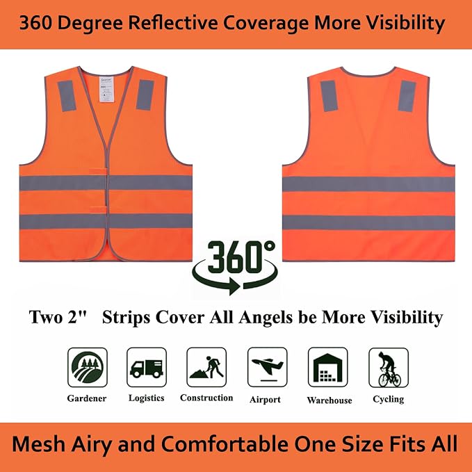 Safety Vests 20 Pack - Orange Reflective High Visibility Construction ANSI Class 2 Work Vests for Men,Woman,Hi Vis Mesh and Neon Silver Strip