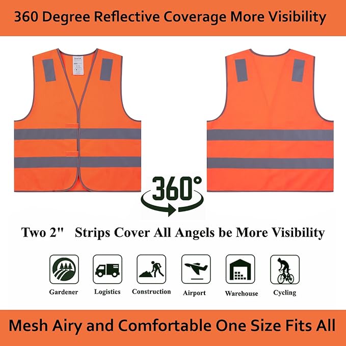Safety Vests 20 Pack - Orange Reflective High Visibility Construction ANSI Class 2 Work Vests for Men,Woman,Hi Vis Mesh and Neon Silver Strip