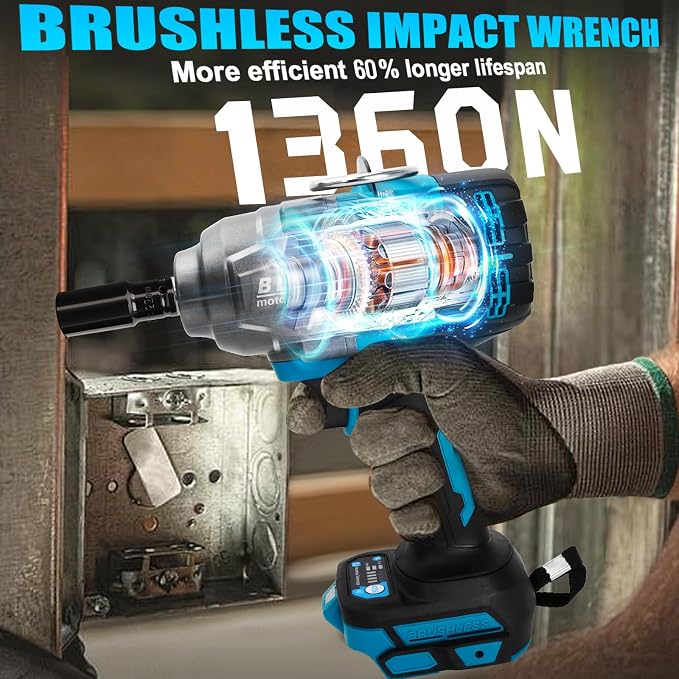 Cordless Impact Wrench 1/2" Compatible with Makita 18V Battery, Impact Wrench 1000FT-LBS(1360N.m) High Torque Brushless Electric Impact Power Impact Driver for Car, Truck (No Battery)