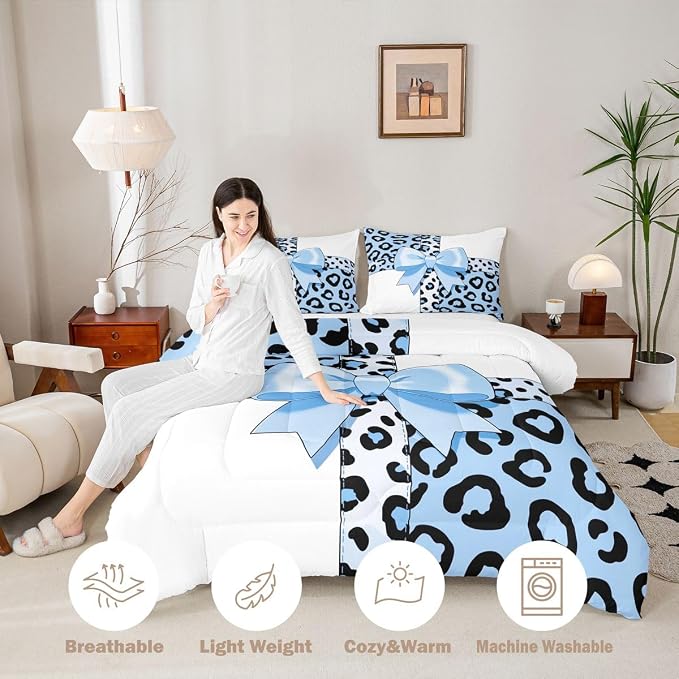 Feelyou Leopard Print Kids Comforter Set Queen Size Blue Leopard Bow Bedding Set Animal Fur Duvet Quilt for Kids Boys Girls Bedroom Decor Microfiber Ultra Soft Breathable