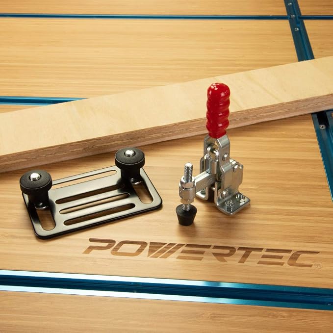 POWERTEC Toggle Clamp Mounting Plate with Hex Bolts, T-Track Bolts for T Track Accessories, Woodworking Jigs and Fixtures, Drill Press, Table Saw Sled (71416)