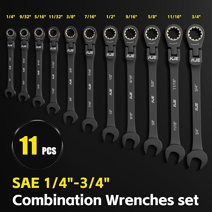 KJE 90-Teeth SAE 180° Flex-Head Ratcheting Wrench Set, Cr-V Steel, 11-Piece SAE 1/4"-3/4" Combination Wrenches set, Nickel Plating, with Organizer Bag, for Auto, Machine Repair, Gift