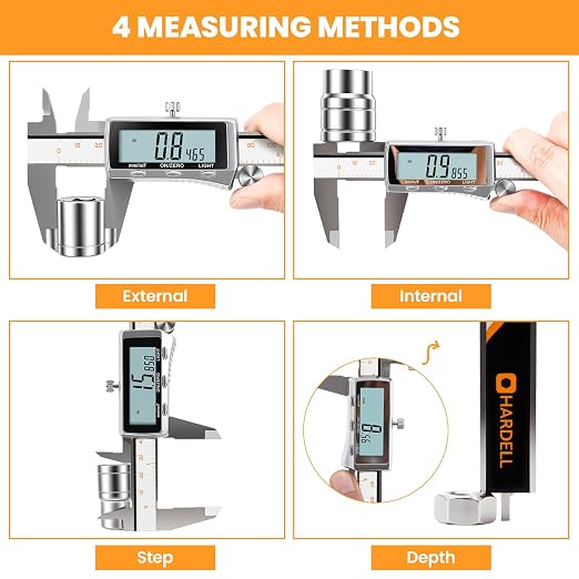HARDELL Digital Caliper 8 Inch, Rechargeable All Metal Electronic Micrometer with Large Backlit LCD, Inch/mm/Fraction Conversion, Auto-Off – Measuring Tool for DIY, 3D Printing, Workshop & Household