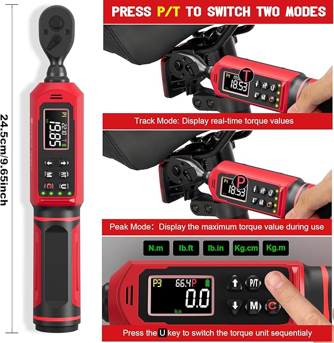 SUERCUP 1/4-inch Digital Torque Wrench(0.33-22.1Ft.Lb/0.45-30N.m) ±1% Accuracy Digital Torque Wrench with Vibration, Buzzer,LED Notification and Five Units of Measure, for Bike, DIY and Home Repair